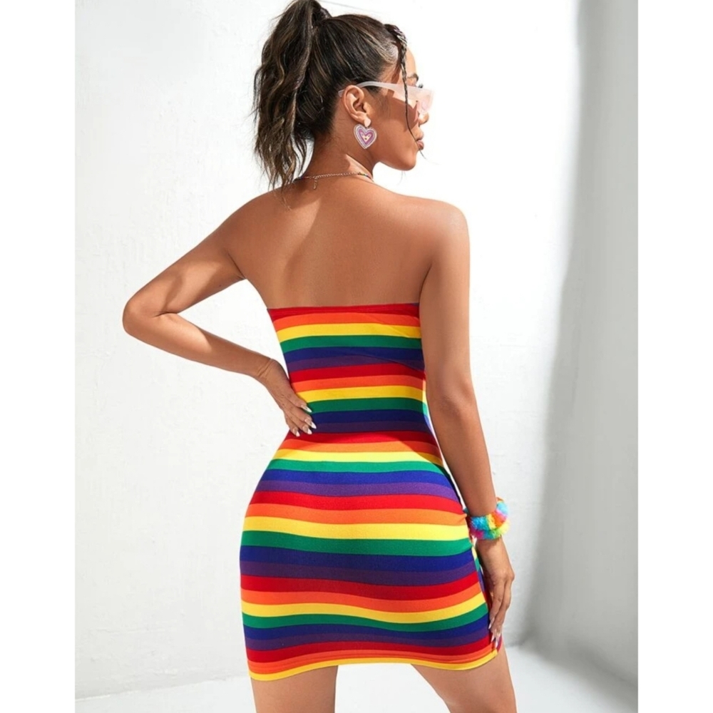 Rainbow Stripe Tube Dress Bodycon Stretchy Size XS-XL Available - Picture 3 of 12
